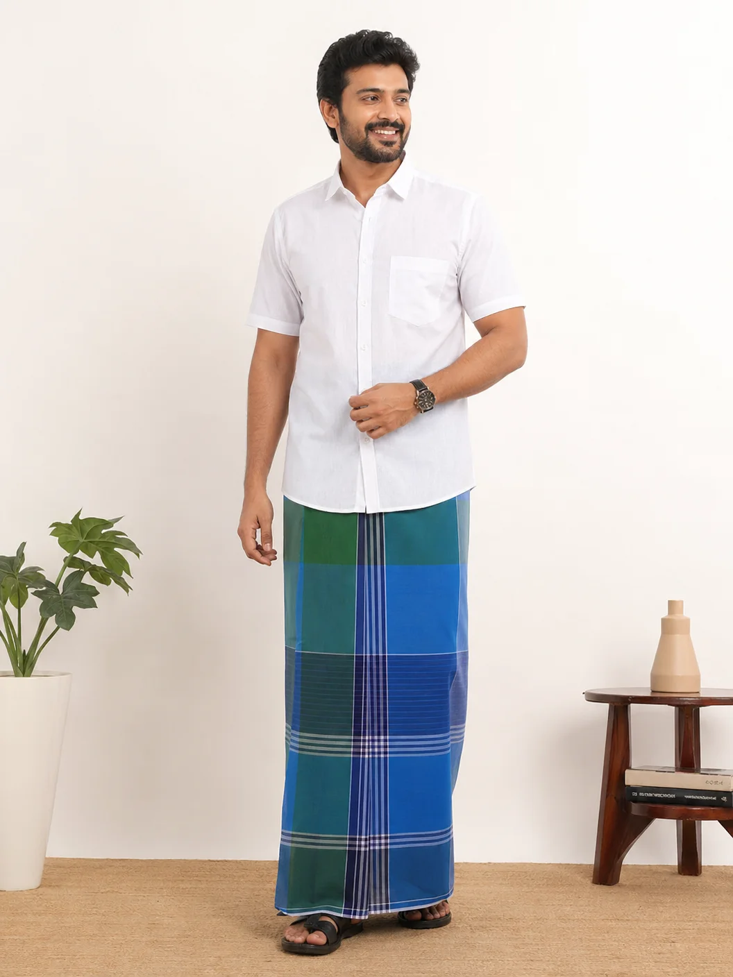 Teal-Blue Check Formal Veshti